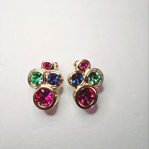 Vintage '80s Bezel Set Jewel Tone Multicolor Gold Tone Clip On Earrings